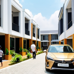 **

A bustling open house event at a new housing development in Cyberjaya. Show modern-designed houses with families exploring. Include a sales booth with promotional materials and happy potential buyers. Focus on the "golden opportunity" feel with modern car parked, reflecting upwardly mobile aspiration.

**