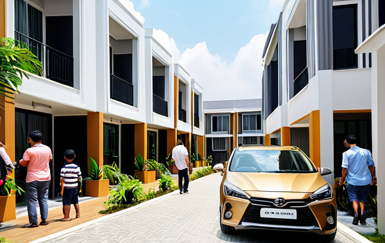 **

A bustling open house event at a new housing development in Cyberjaya. Show modern-designed houses with families exploring. Include a sales booth with promotional materials and happy potential buyers. Focus on the "golden opportunity" feel with modern car parked, reflecting upwardly mobile aspiration.

**