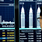** A professional real estate analyst, fully clothed in a modest business attire, is analyzing market trends on a digital screen displaying property prices in Kuala Lumpur, with the Petronas Twin Towers in the background. Safe for work, appropriate content, perfect anatomy, natural proportions, professional setting.

**