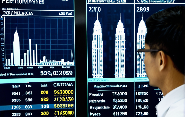 ** A professional real estate analyst, fully clothed in a modest business attire, is analyzing market trends on a digital screen displaying property prices in Kuala Lumpur, with the Petronas Twin Towers in the background. Safe for work, appropriate content, perfect anatomy, natural proportions, professional setting.

**