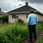 Cautionary Scene**

A concerned individual looking at a half-built house with overgrown weeds, fully clothed in modest attire. Rain clouds overhead. The scene conveys financial difficulty and regret. "Property Investment Gone Wrong" is subtly written on a sign nearby. Safe for work, appropriate content, perfect anatomy, natural proportions, professional photography, high quality.

**