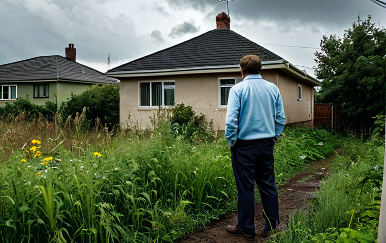 Cautionary Scene**
A concerned individual looking at a half-built house with overgrown weeds, fully clothed in modest attire. Rain clouds overhead. The scene conveys financial difficulty and regret. "Property Investment Gone Wrong" is subtly written on a sign nearby. Safe for work, appropriate content, perfect anatomy, natural proportions, professional photography, high quality.
**