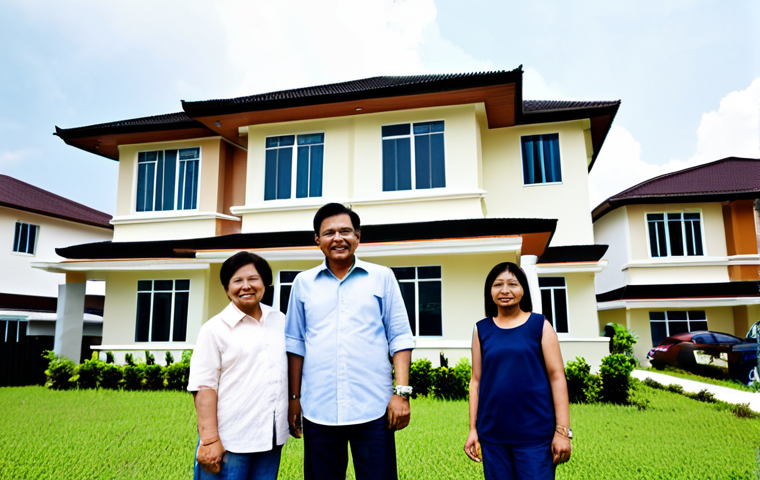 부동산 시장 사이클 사회경제적 요인 탐구 - Modern Family Home in a Developing Suburb**
"A fully clothed family of four stands in front of a mo...